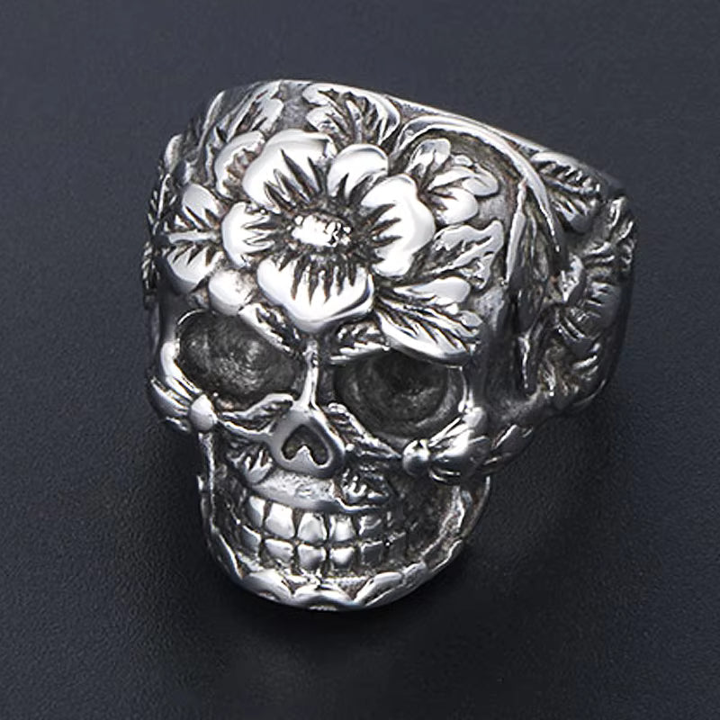 Floral Sugar Skull Gothic Stainless Steel Ring