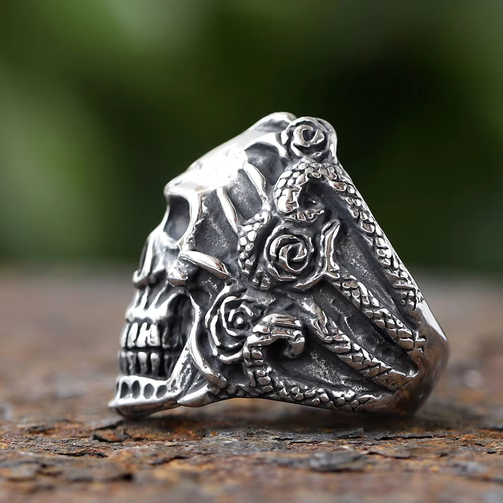 Snake & Rose Entwined Skull Gothic Stainless Steel Ring