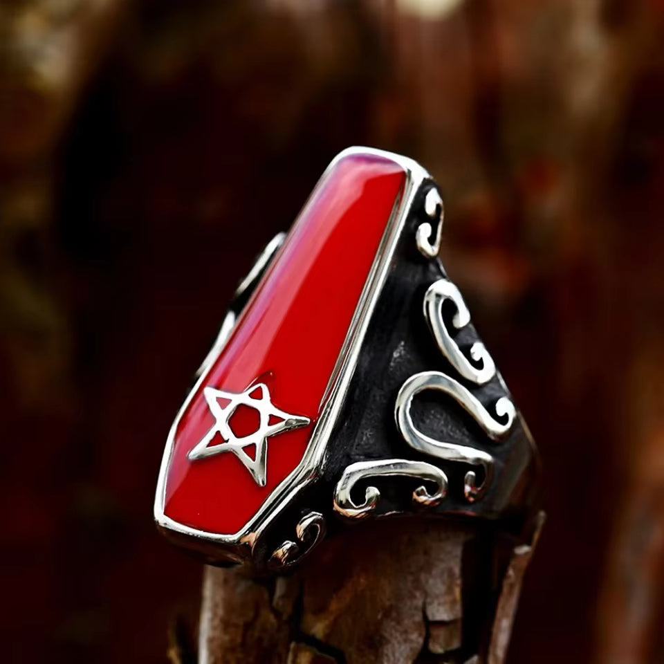 Red Enamel Coffin Pentagram Gothic Stainless Steel Ring