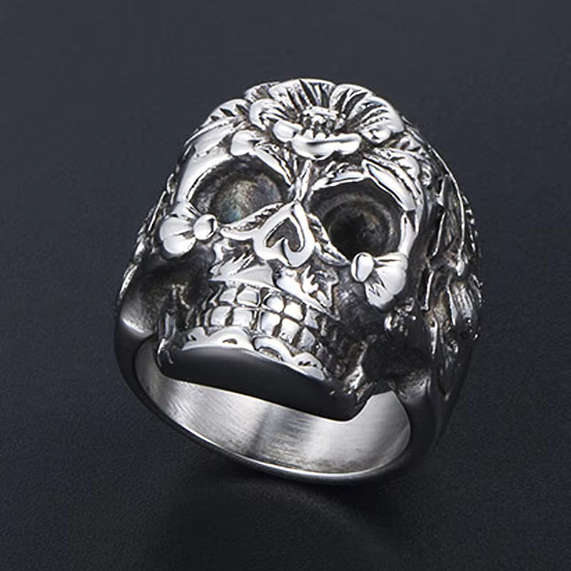Floral Sugar Skull Gothic Stainless Steel Ring
