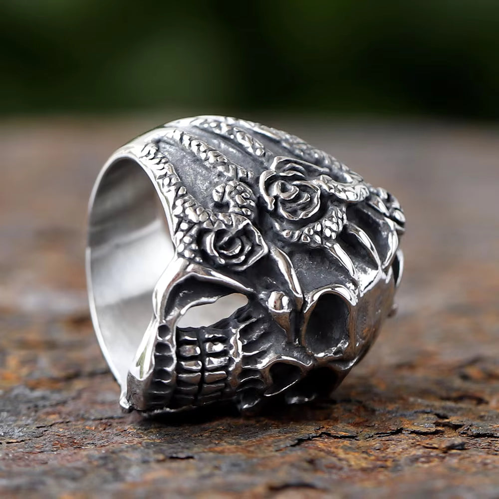 Snake & Rose Entwined Skull Gothic Stainless Steel Ring