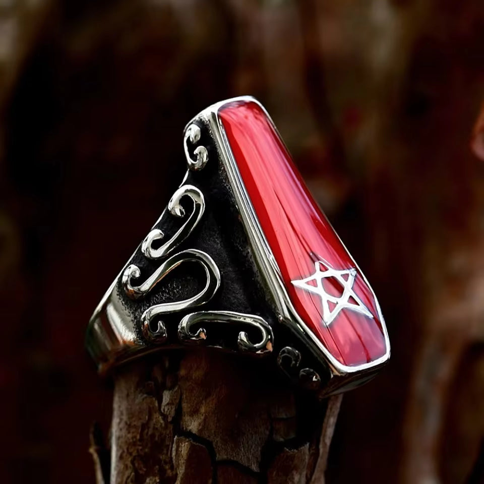 Red Enamel Coffin Pentagram Gothic Stainless Steel Ring