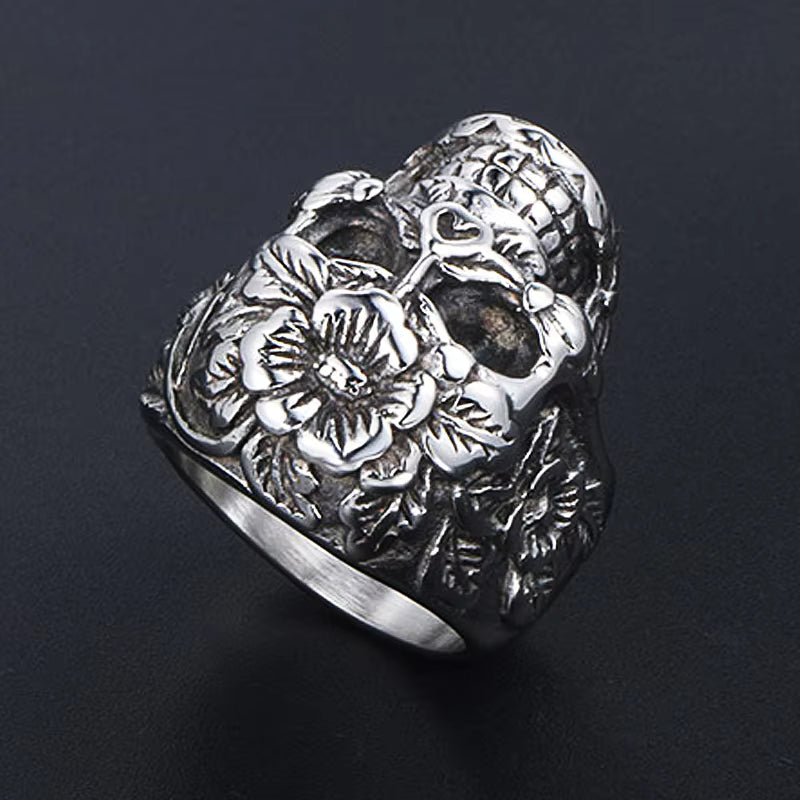 Floral Sugar Skull Gothic Stainless Steel Ring