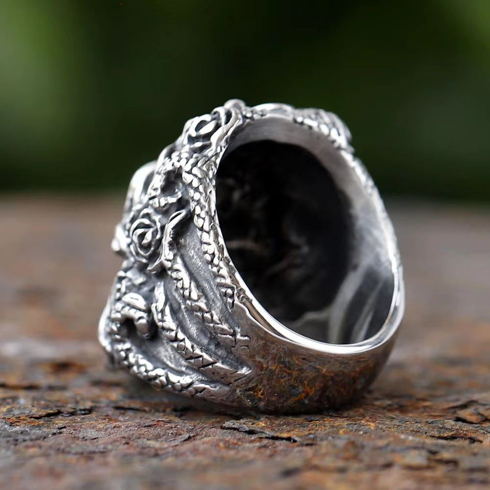 Snake & Rose Entwined Skull Gothic Stainless Steel Ring