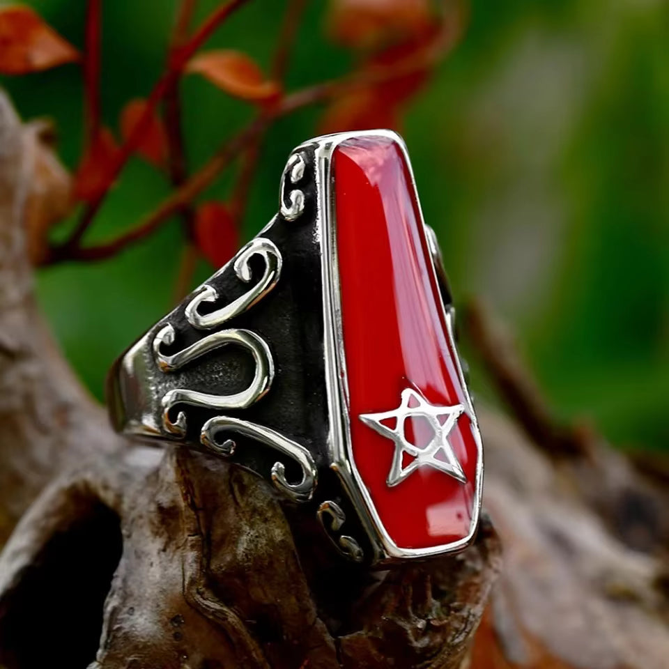 Red Enamel Coffin Pentagram Gothic Stainless Steel Ring