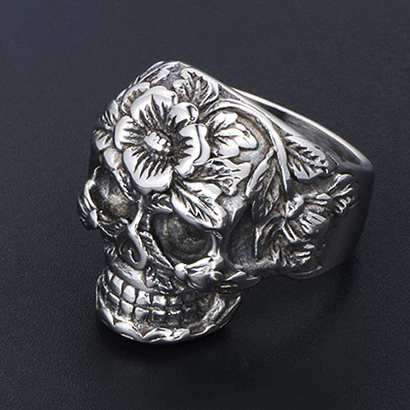 Floral Sugar Skull Gothic Stainless Steel Ring