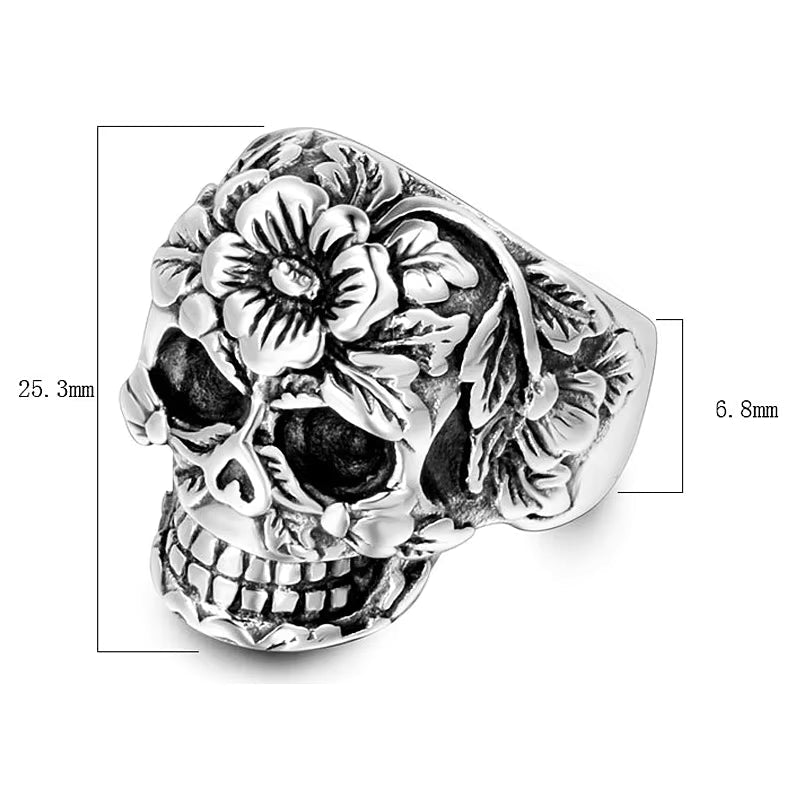 Floral Sugar Skull Gothic Stainless Steel Ring