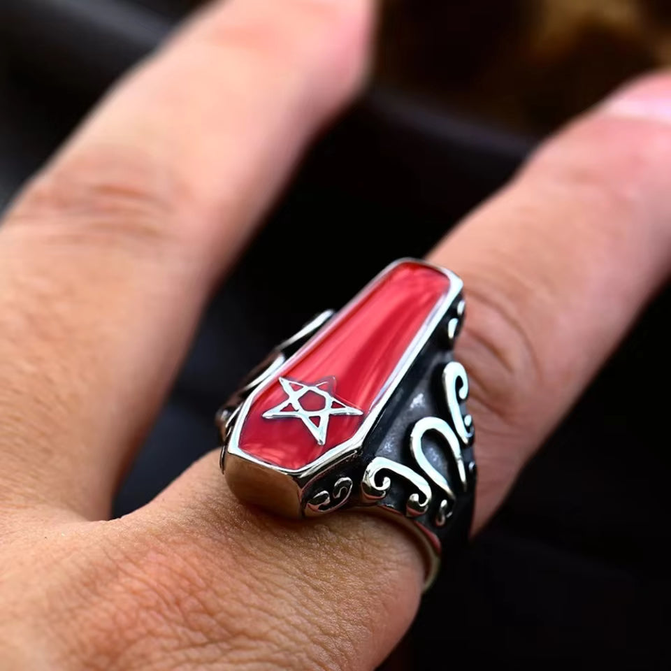 Red Enamel Coffin Pentagram Gothic Stainless Steel Ring