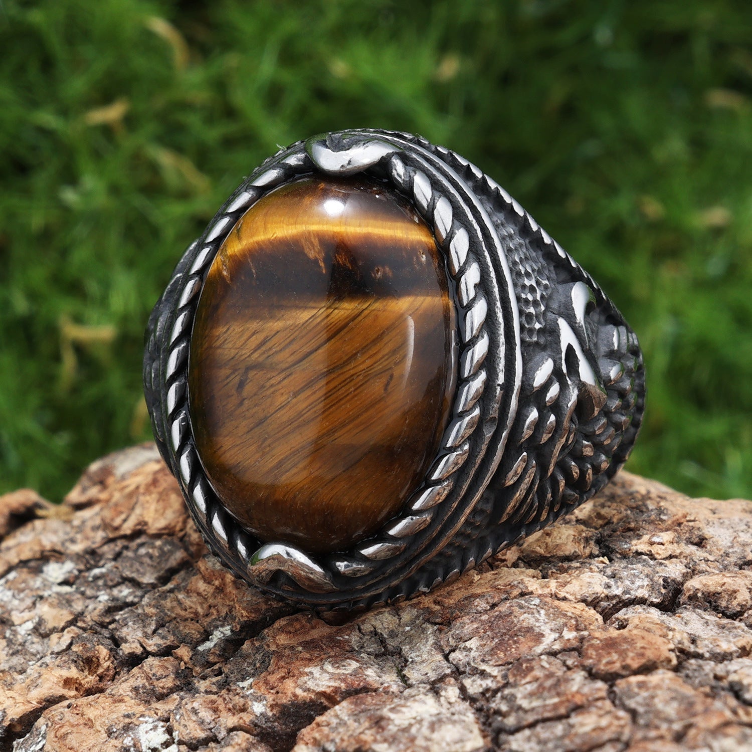 Majestic Eagle Gemstone Stainless Steel Ring