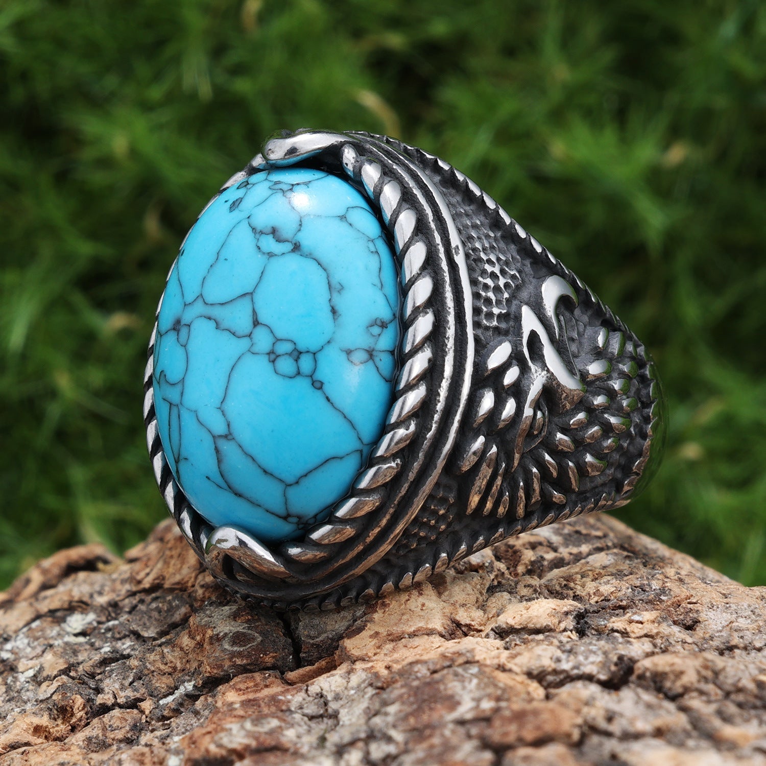 Majestic Eagle Gemstone Stainless Steel Ring