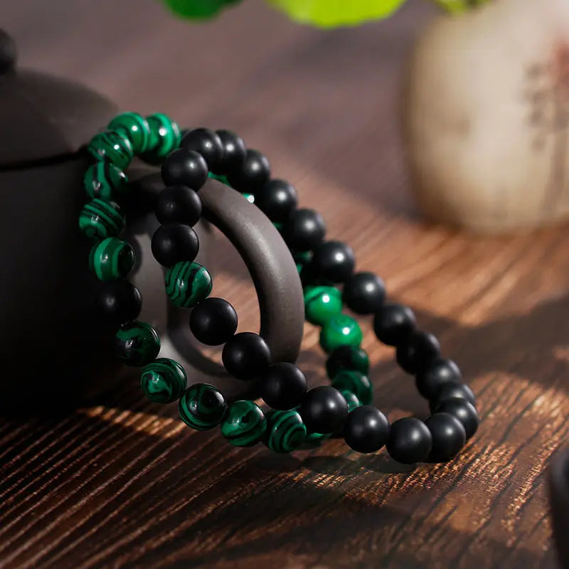 Malachite Black Agate Stone Round Beads Stretchable Bracelet