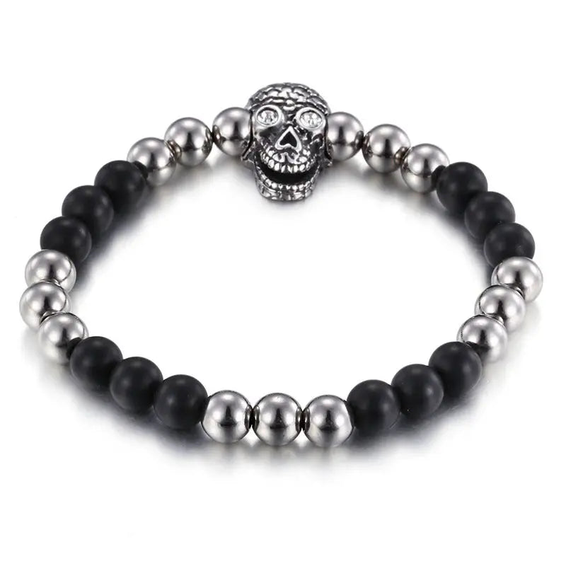 Men's Biker Stainless Steel Skull Skeleton 8MM Black Bead Stone Bracelet