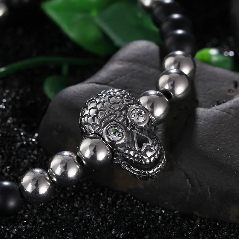 Men's Biker Stainless Steel Skull Skeleton 8MM Black Bead Stone Bracelet
