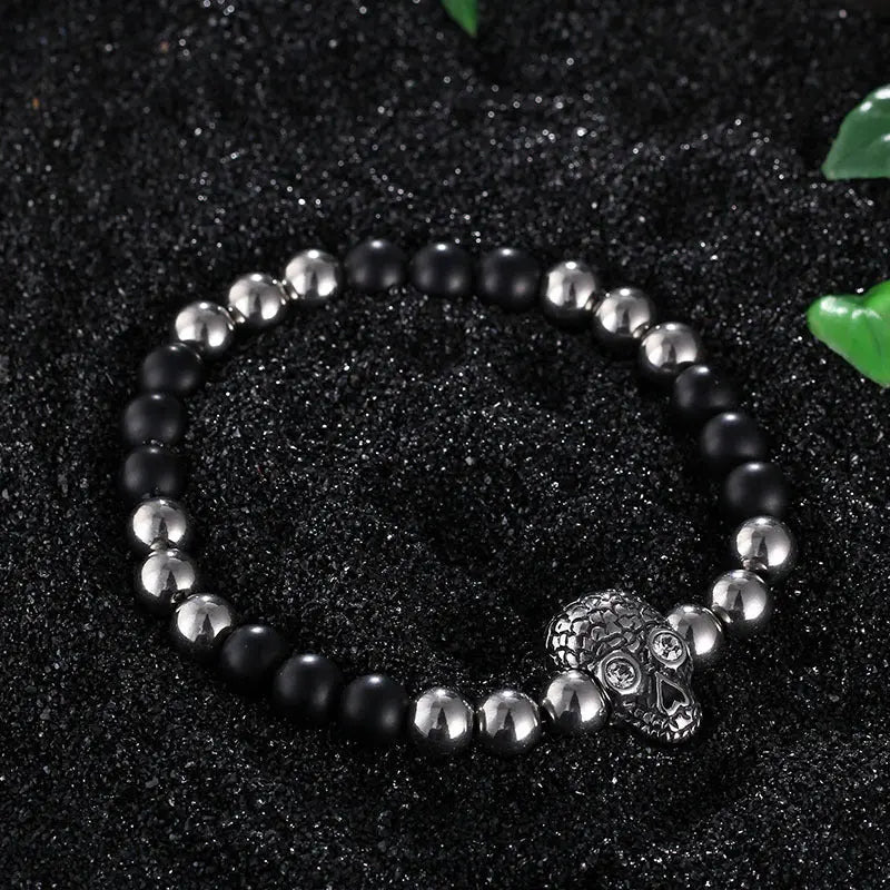 Men's Biker Stainless Steel Skull Skeleton 8MM Black Bead Stone Bracelet