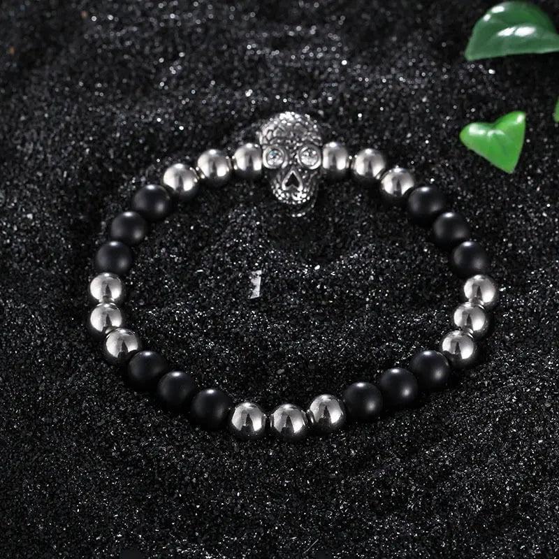 Men's Biker Stainless Steel Skull Skeleton 8MM Black Bead Stone Bracelet