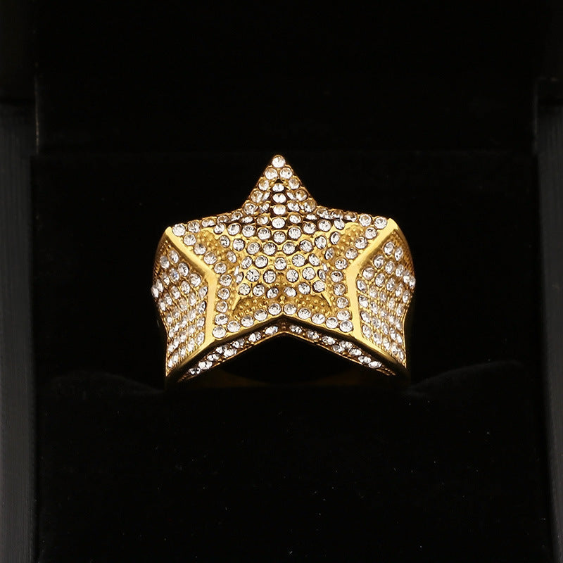 Men's Gold-Plated Zircon Cross Five-Pointed Star Ring