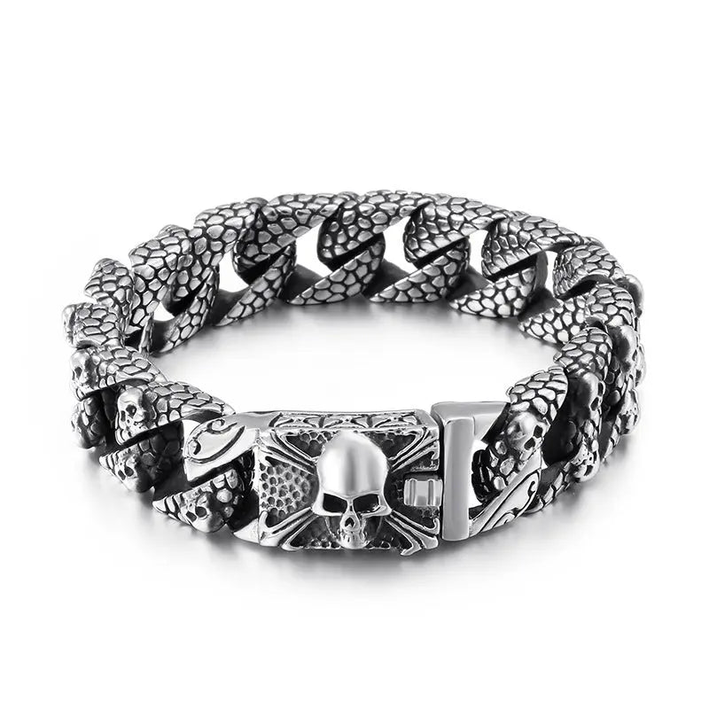 Mottled Skull Curb Link Skull Bracelet