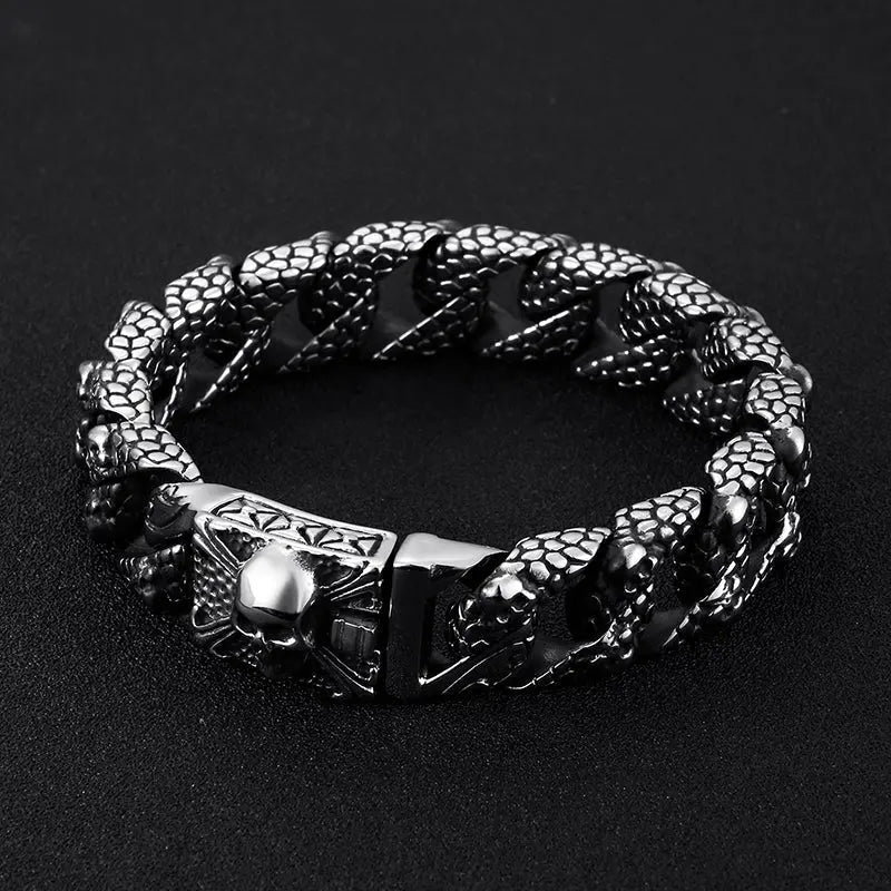 Mottled Skull Curb Link Skull Bracelet