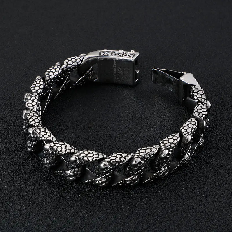 Mottled Skull Curb Link Skull Bracelet