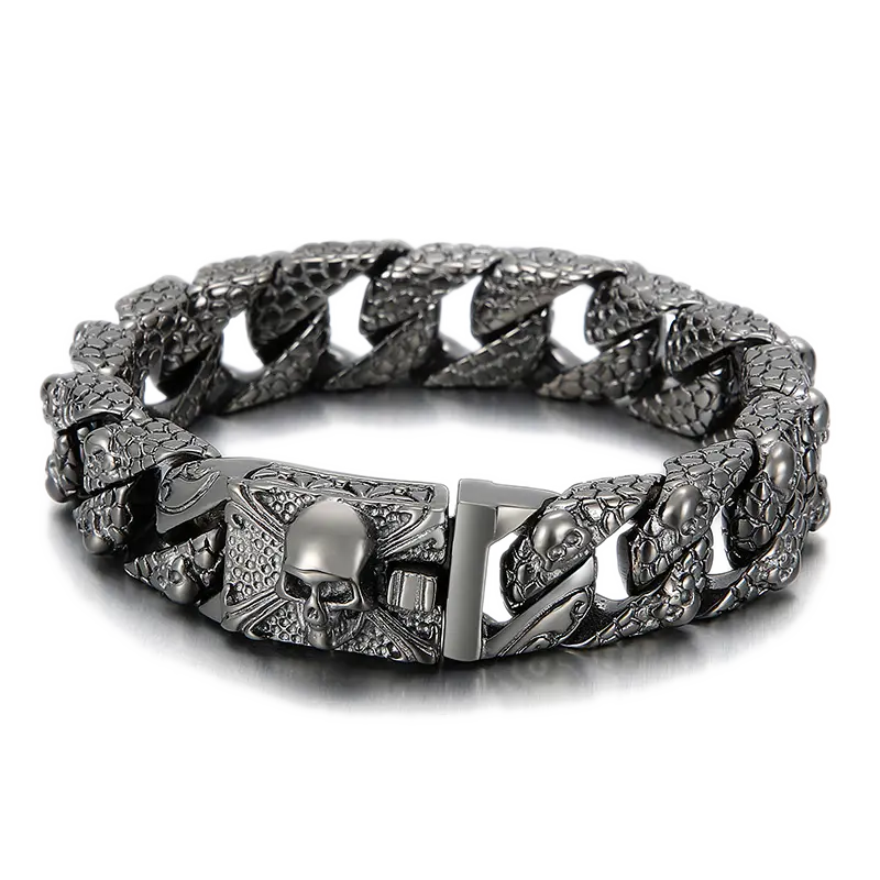 Mottled Skull Curb Link Skull Bracelet