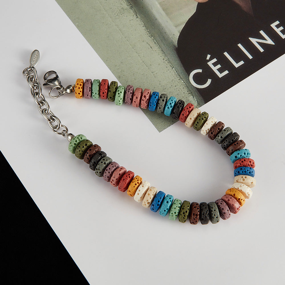 Multicolor Volcanic Stone Beaded Chain Bracelet