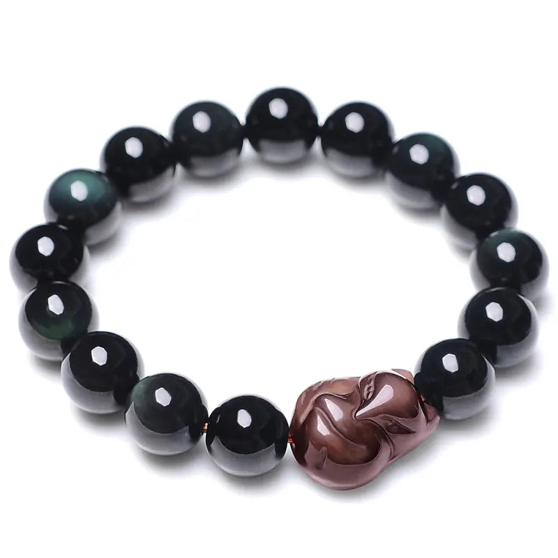 Natural Obsidian Fox Round Bead Bracelet