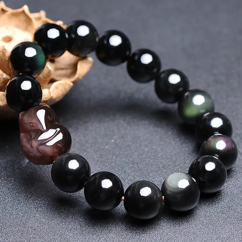 Natural Obsidian Fox Round Bead Bracelet
