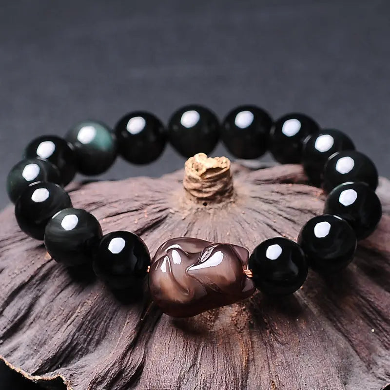 Natural Obsidian Fox Round Bead Bracelet