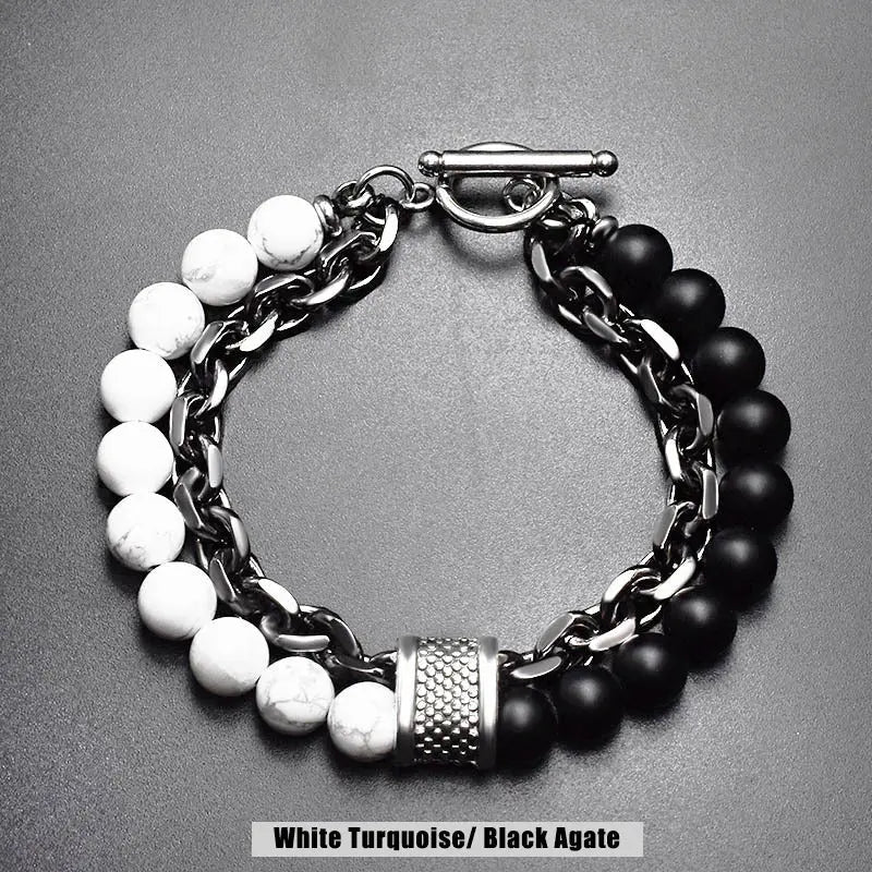 Natural Stone Bead Chain Link Toggle Clasp Bracelet