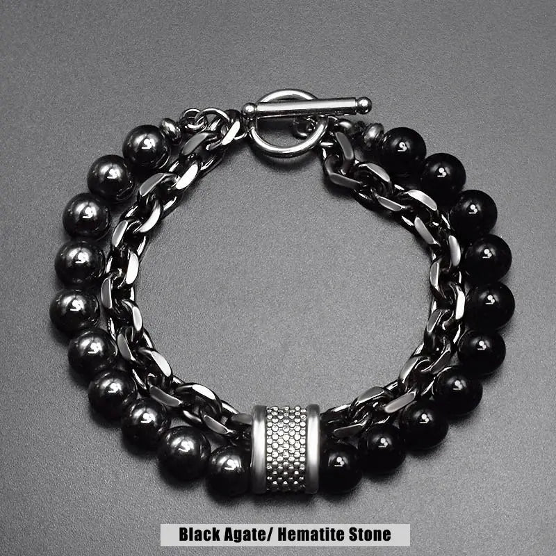 Natural Stone Bead Chain Link Toggle Clasp Bracelet