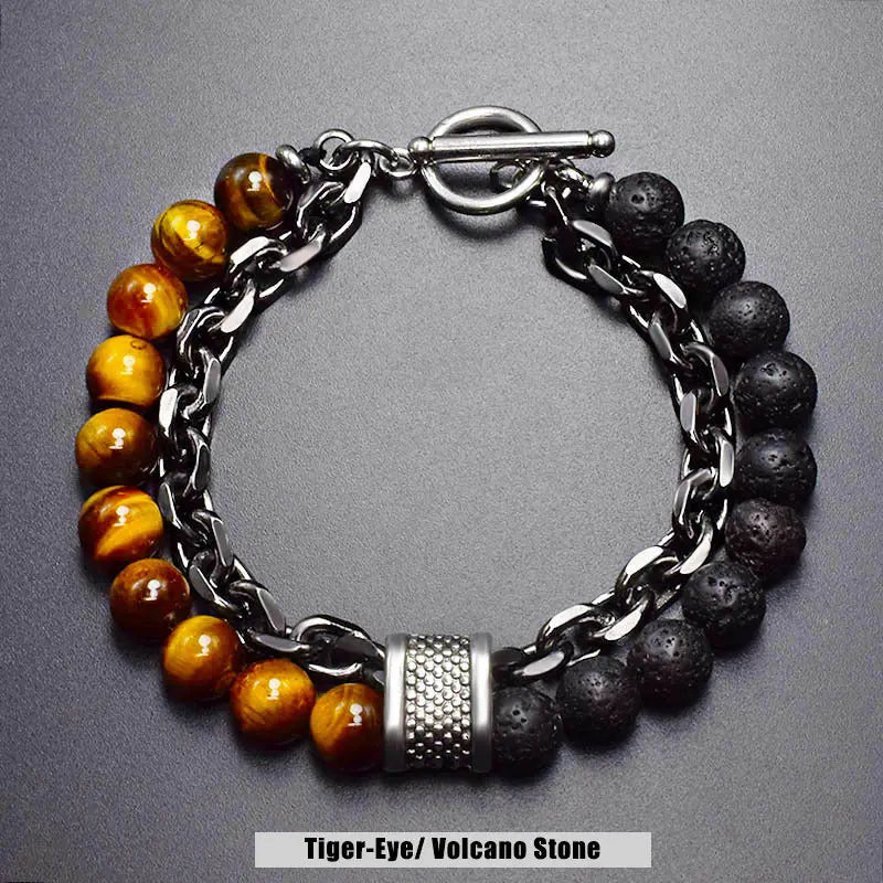 Natural Stone Bead Chain Link Toggle Clasp Bracelet