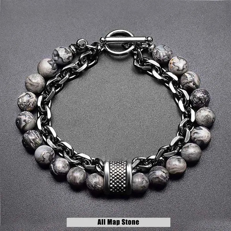 Natural Stone Bead Chain Link Toggle Clasp Bracelet