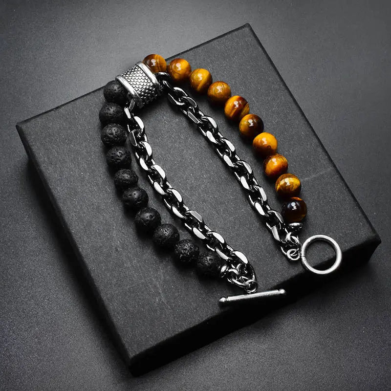 Natural Stone Bead Chain Link Toggle Clasp Bracelet