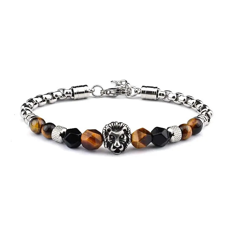 Natural Stone Bead Lion Head Box Chain Bracelet