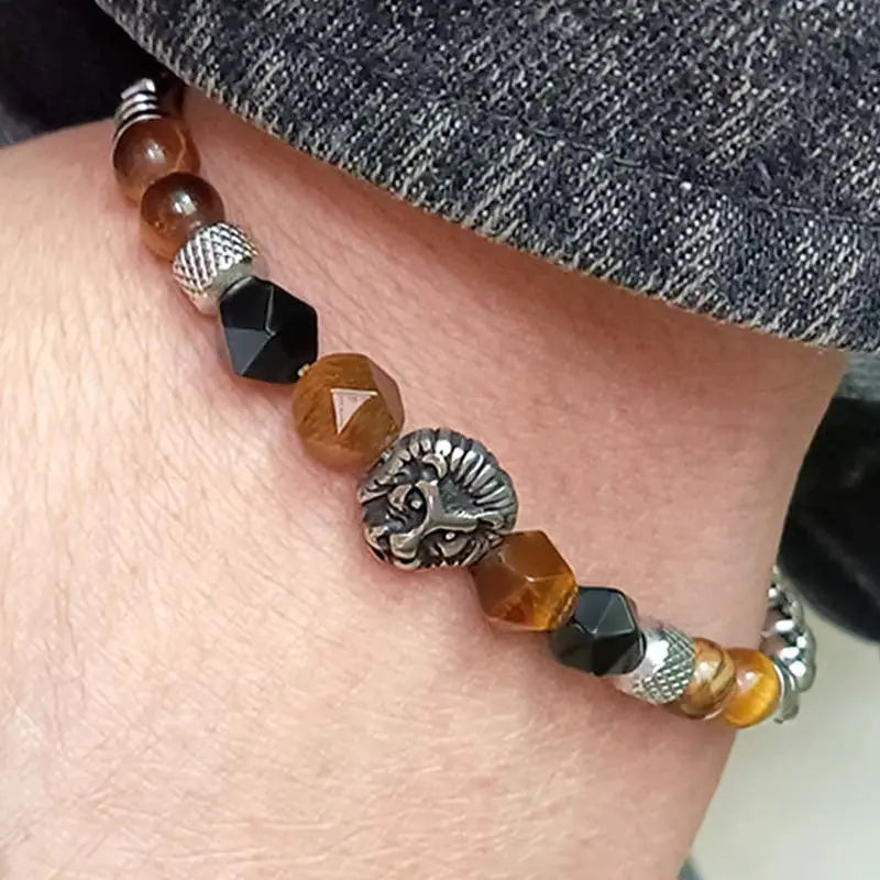 Natural Stone Bead Lion Head Box Chain Bracelet