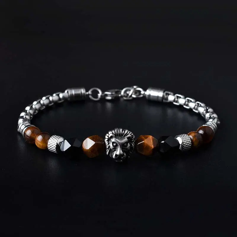Natural Stone Bead Lion Head Box Chain Bracelet