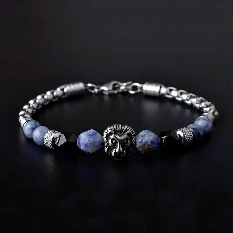 Natural Stone Bead Lion Head Box Chain Bracelet