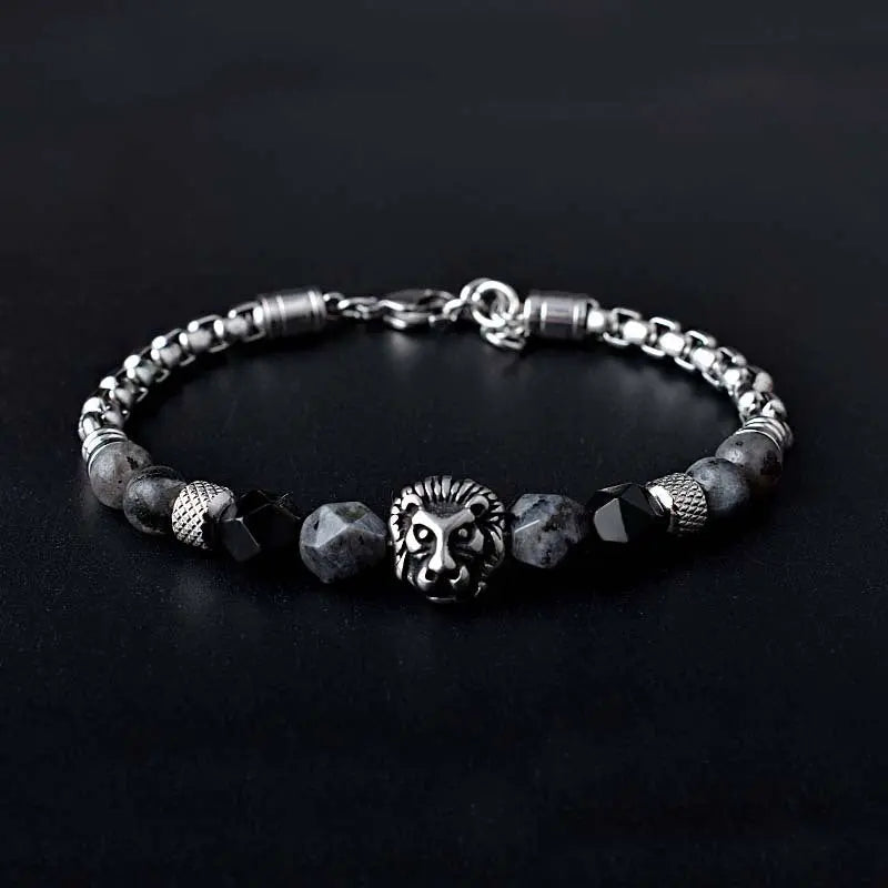 Natural Stone Bead Lion Head Box Chain Bracelet