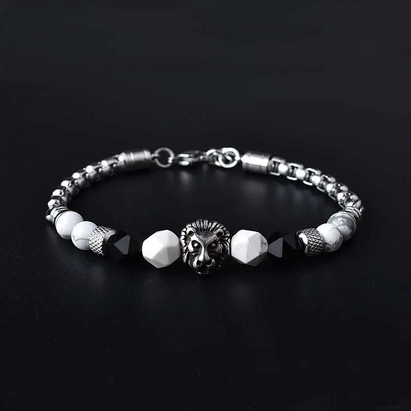 Natural Stone Bead Lion Head Box Chain Bracelet