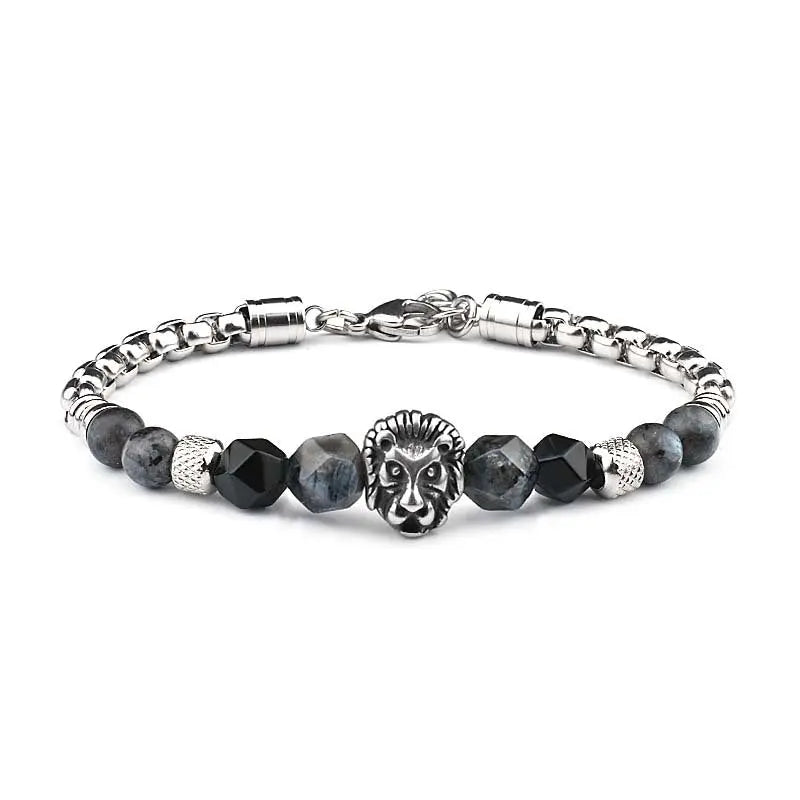 Natural Stone Bead Lion Head Box Chain Bracelet