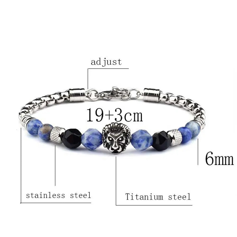 Natural Stone Bead Lion Head Box Chain Bracelet