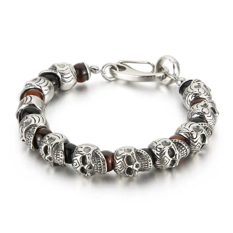 Natural Stone Bead Stainless Steel Skull Bracelet
