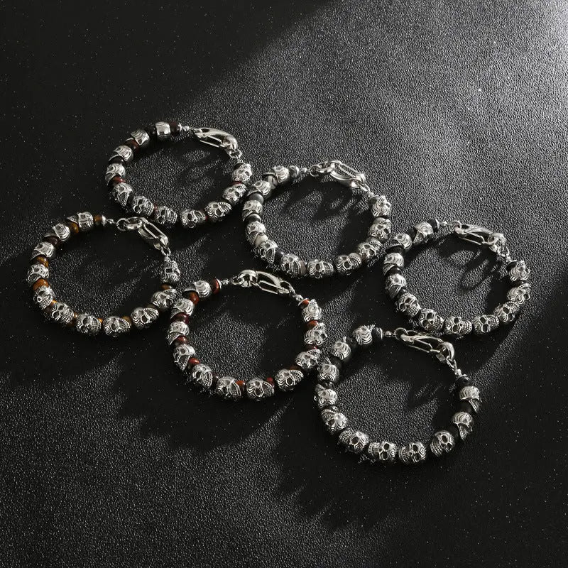 Natural Stone Bead Stainless Steel Skull Bracelet
