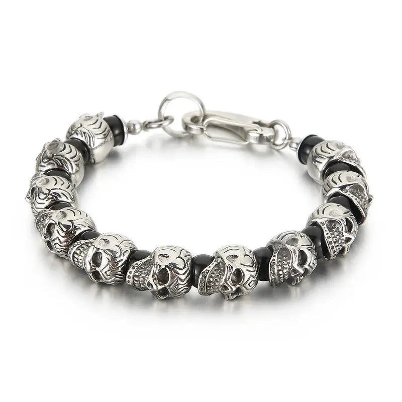 Natural Stone Bead Stainless Steel Skull Bracelet