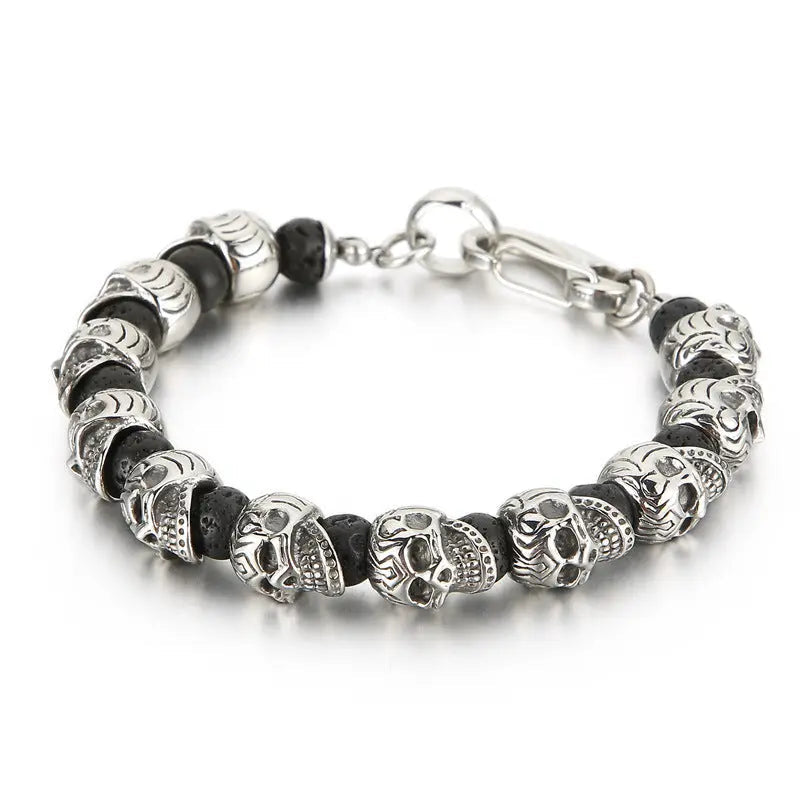 Natural Stone Bead Stainless Steel Skull Bracelet