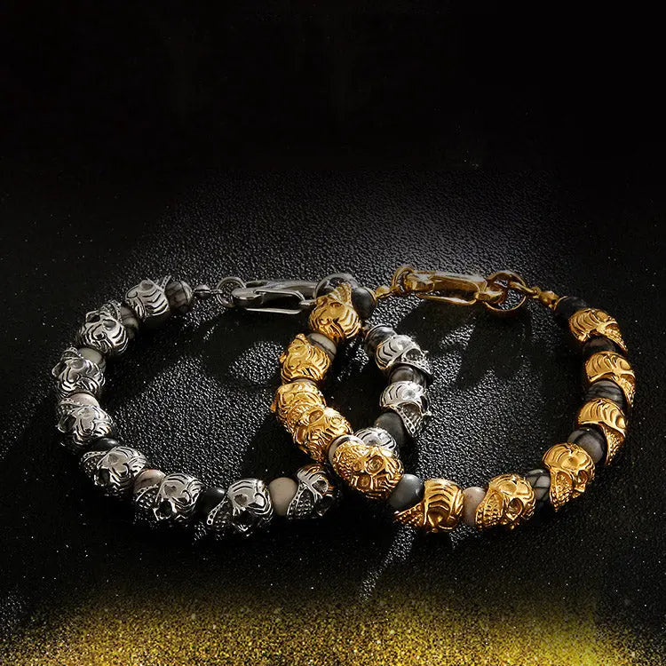 Natural Stone Bead Stainless Steel Skull Bracelet