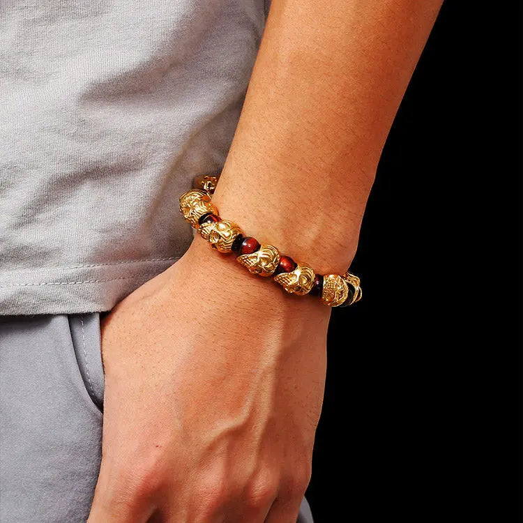 Natural Stone Bead Stainless Steel Skull Bracelet