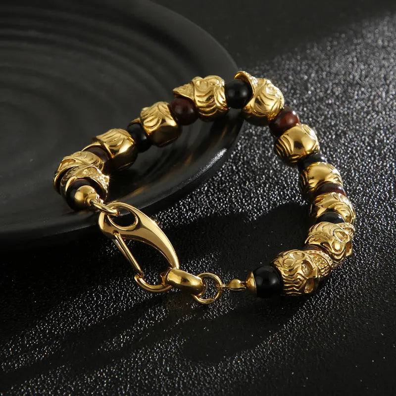 Natural Stone Bead Stainless Steel Skull Bracelet