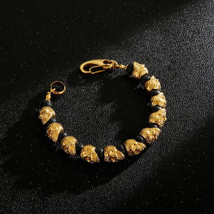Natural Stone Bead Stainless Steel Skull Bracelet