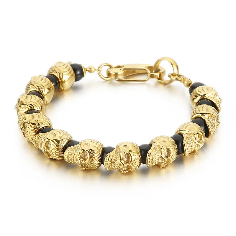 Natural Stone Bead Stainless Steel Skull Bracelet
